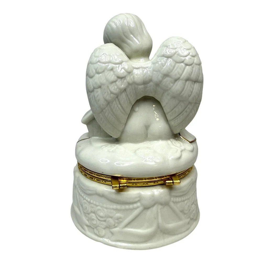 Porcelain Angel Trinket Jewelry Box Bath Salt Holder Gold Trim Bird 5in Wx7in H